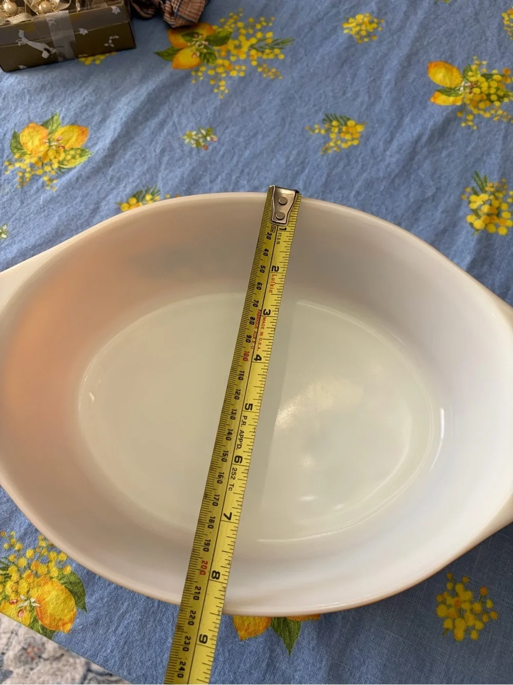 Pyrex Brown and Orange Vitrolite Casserole Dish with Fruit Pattern vintage